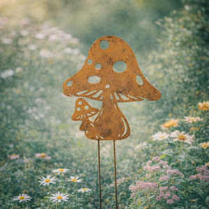 Ornamental Toadstool Silhouette Rusty Metal Garden Stake 