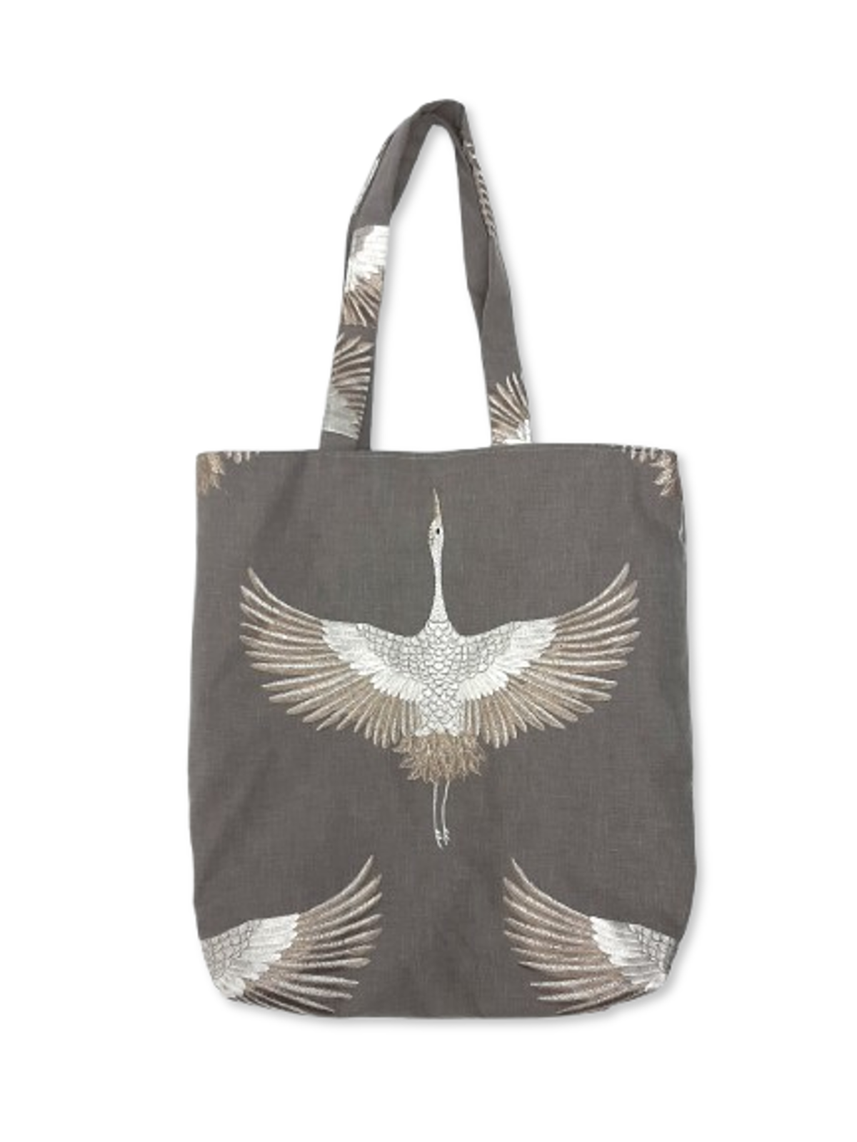 Upcycled Handmade Grey Tote Bag Embroidered Flying Crane Design Re-Fashioned
