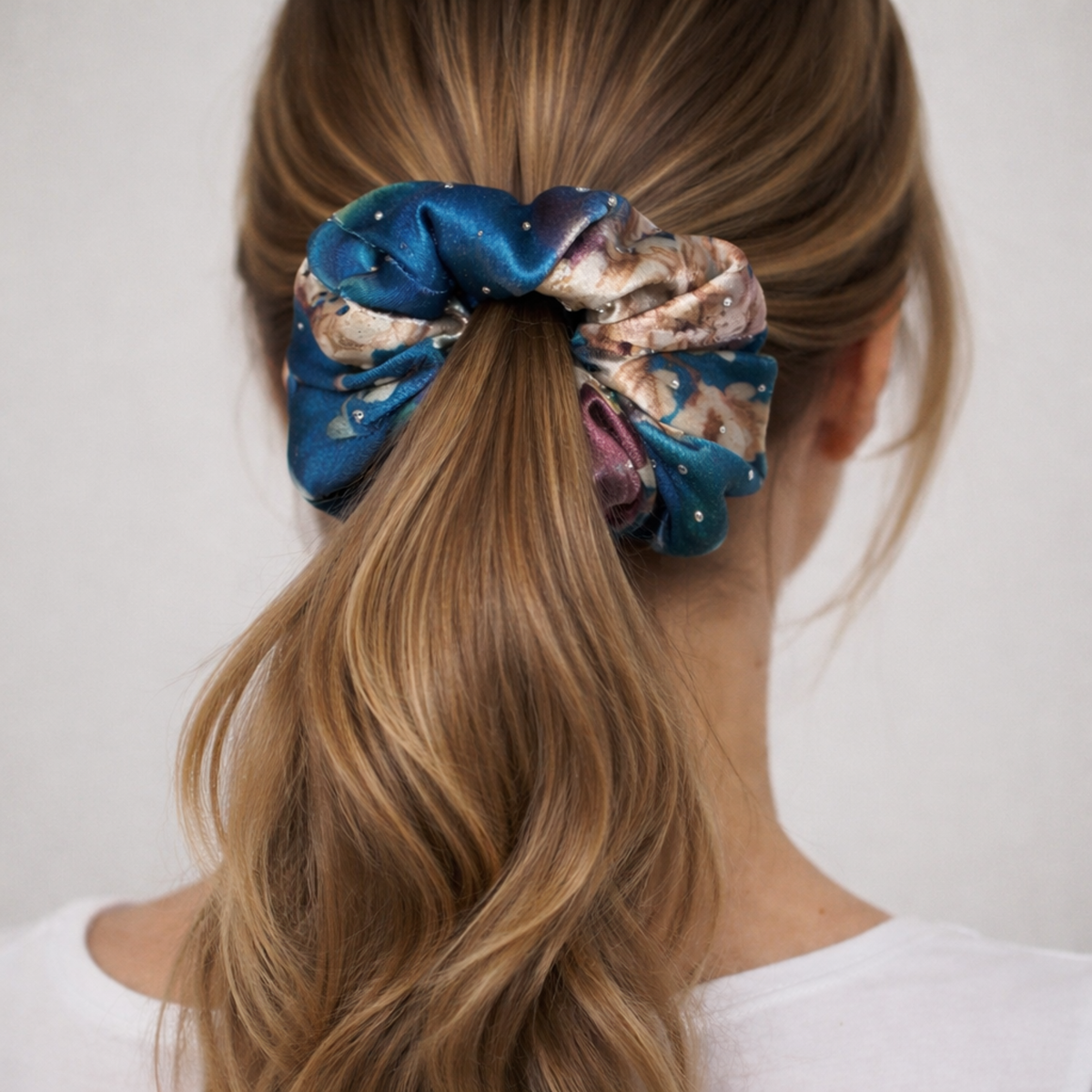 Handmade Upcycled Blue Floral Print Hair Scrunchy Pre-Loved Re-Fashioned