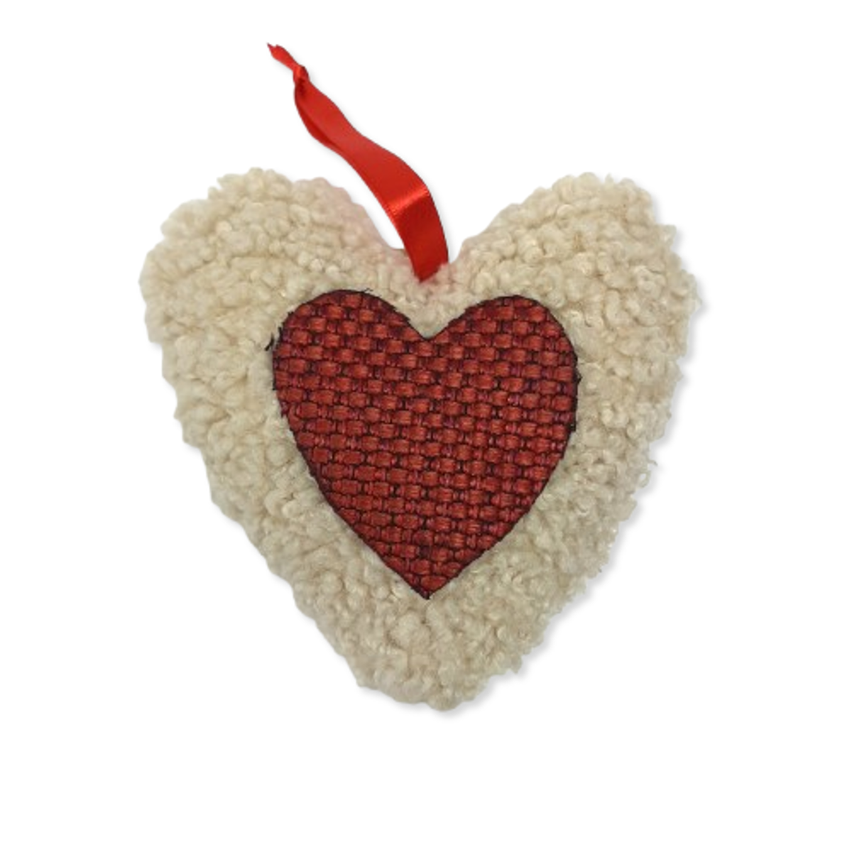 Handmade Upcycled Beige Teddy Fabric Heart With Red Heart Patch Re-Fashioned