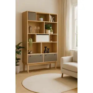 Made.Com Campton Oak & Grey Finish Wide Bookcase 